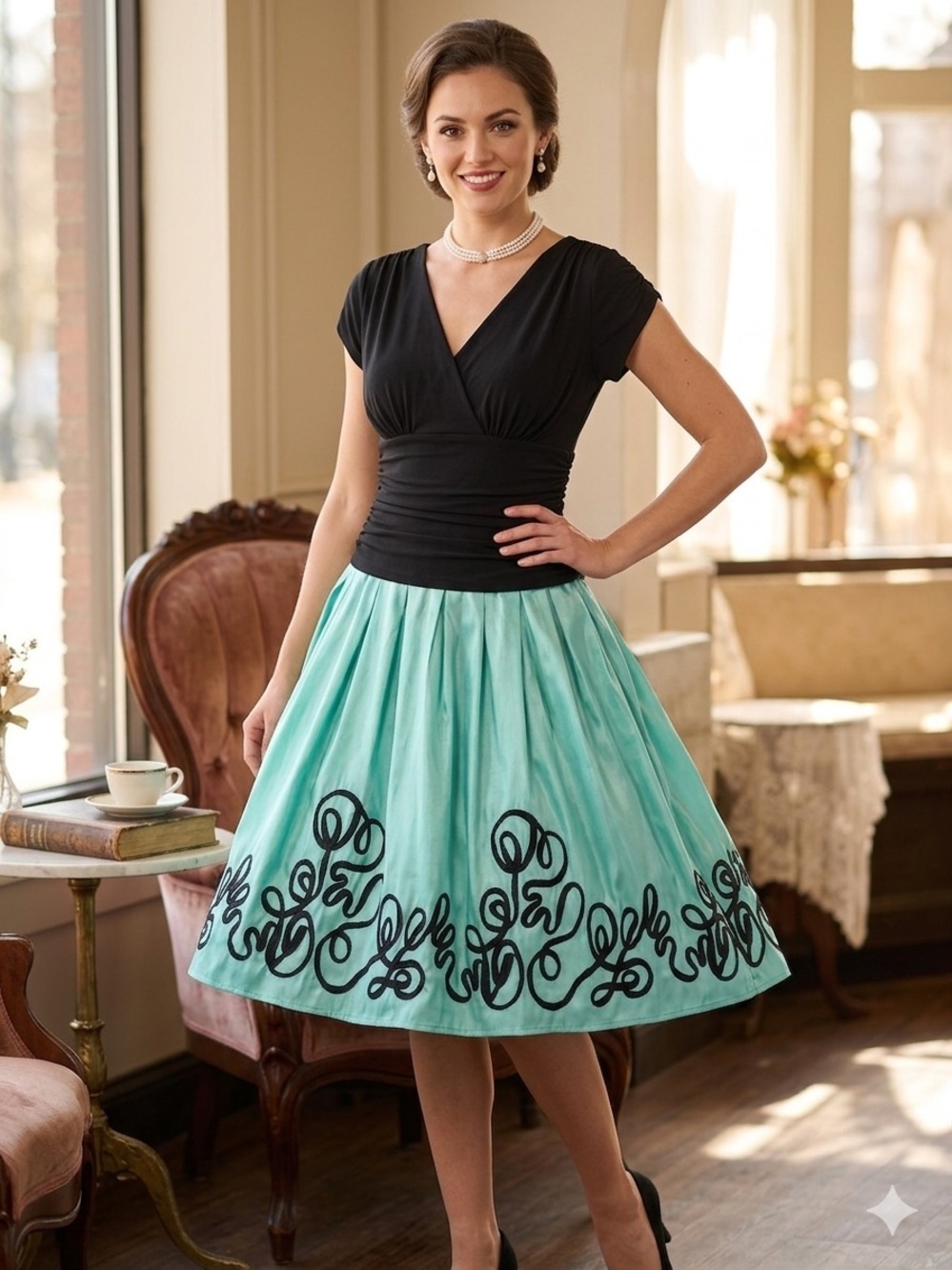 Sculpted Fit & Flare Cocktail Dress – Black/Teal Embroidered Scrollwork NWT 150